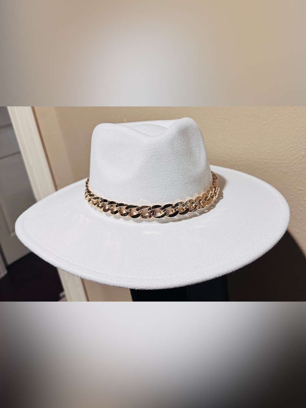 White Felt Fedora with Gold Chain Accent - Women Accessories
